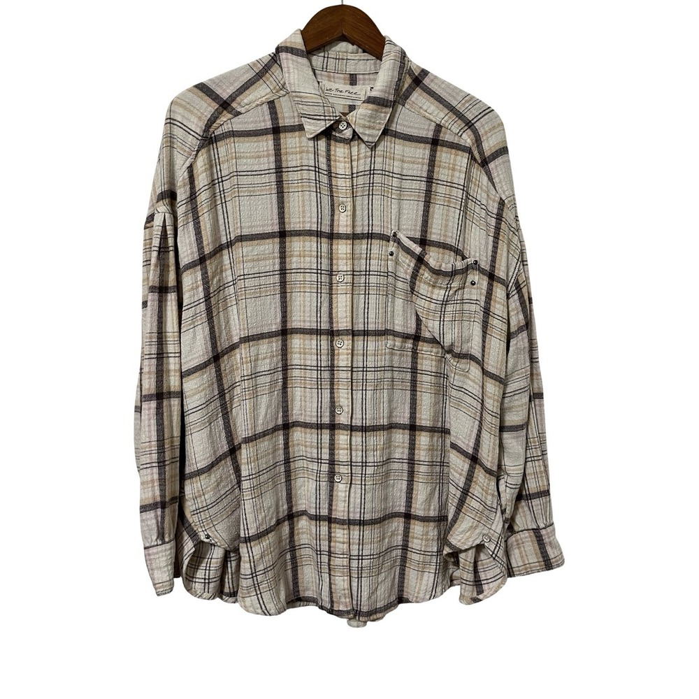 Free People Hidden Valley Plaid Oversized Button Up Shirt‎ Size M Boho Western